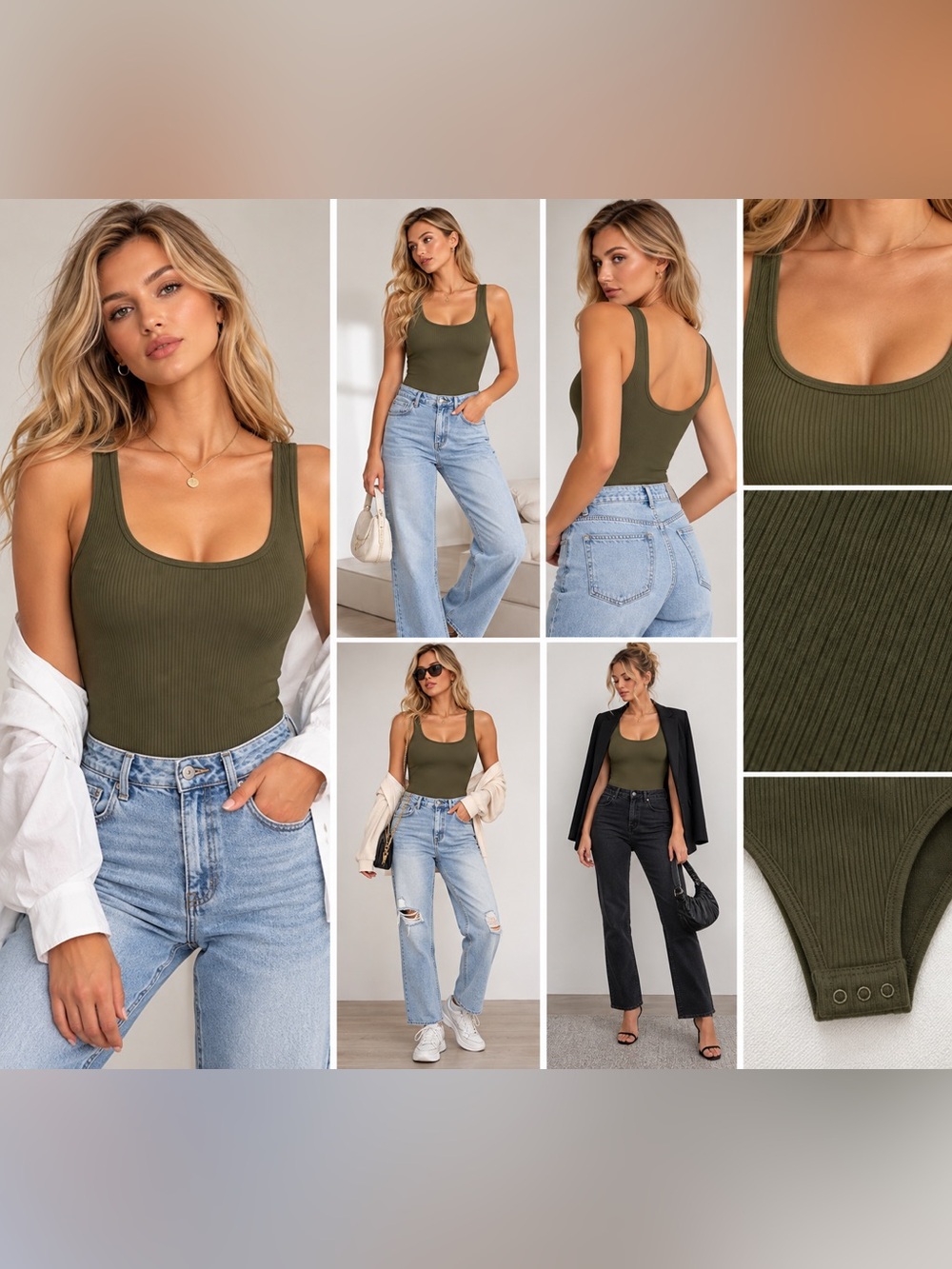 OQQ Olive Green Ribbed Scoop Neck Tank Bodysuit Stretchy XXL